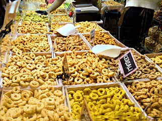 display of a large variety of Taralli, a typical baked product from southern Italy