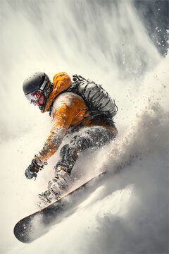 Snowboarder curved and brakes spraying loose deep snow on the freeride slope. downhill with snowboards in fresh snow. freeride world champion. swirls of snow in the air - Generative AI