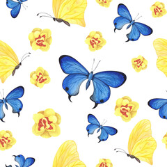 seamless pattern Blue butterfly with daffodils isolated on white. Watercolor illustration for design fabrics