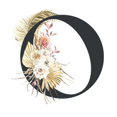 Boho alphabet Letter O, Watercolor Black letters illustration with dried flower, tropical, leaves, palm, roses, orchid, terracotta, bouquet composition.  Boho wedding invitation, modern bohemian