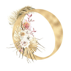 Boho alphabet Letter O, Watercolor GOLD letters illustration with dried flower,tropical, leaves, palm, roses, orchid,  terracotta, bouquet composition.  Boho wedding invitation, modern bohemian