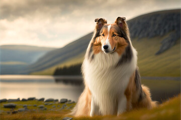 Beautiful collie in Scotland pet dog with a stunning show coat of hair, sitting in an open countryside field  in golden light. Image created with generative ai