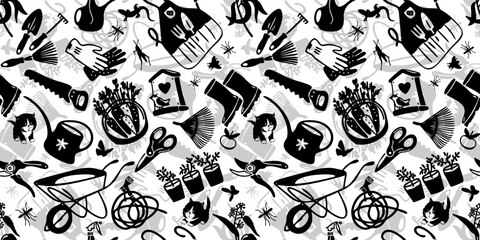Seamless black and white pattern with garden tools in contour style. Vector set of garden tools. A set of icons for gardening. Agriculture badges.