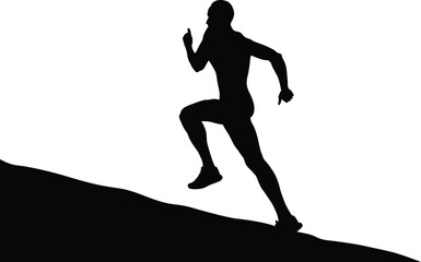black silhouette male runner running uphill on white background