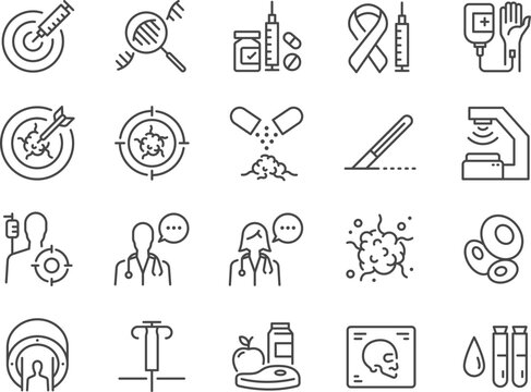 Oncology icon set. Included the icons as cancer, treatment, radiation therapy, targeted therapy, medical, and more.
