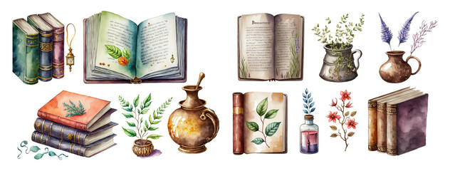 lot d'illustrations isolées sur fond blanc de livres et plantes d'herboriste - obrazy, fototapety, plakaty