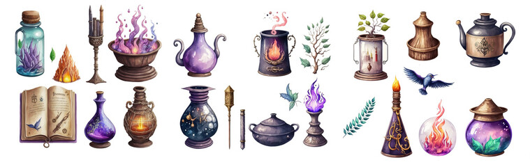 lot d'illustrations d'objets magiques isol&eacute;s sur fond blanc