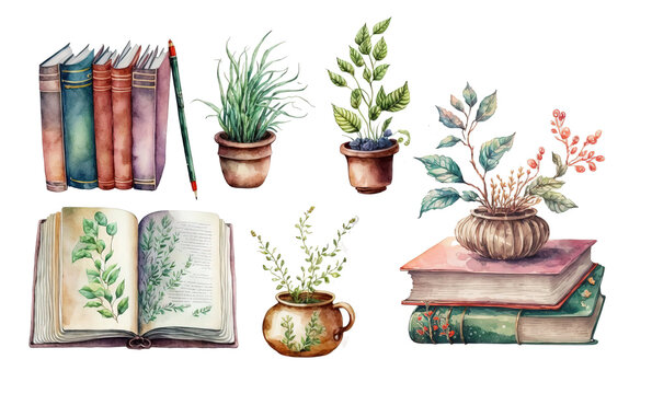 lot d'illustrations isolées sur fond blanc de livres et plantes d'herboriste