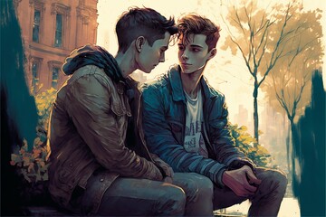 Couple of young men embracing each other sitting in a city park. Friendship, homosexuality, same-sex relationship concept
