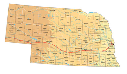 High detailed Nebraska physical map with labeling.