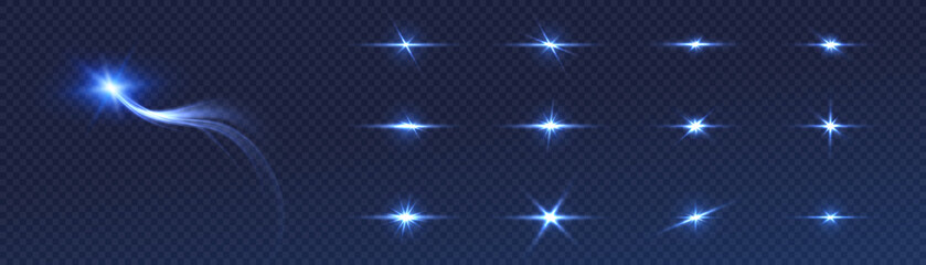 Glow of blue light stars on a transparent background. Collection of blurred spotlight light vectors. Flash, sun, flicker.