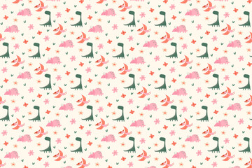 Vector design with dinosaurs for fabric, home decor and clothing, stationery and children's parties. Pattern with dinosaurs. Cute background with colorful reptiles.
