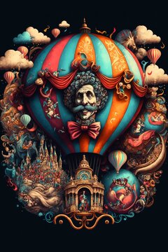 Vintage carnival banner. Curcus balloon and flying elephants on a Circus Poster - Generative AI