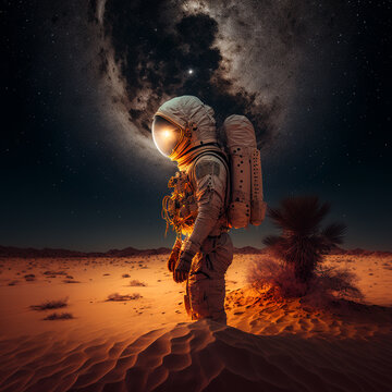Astronaut wearing his space suit in the desert at night