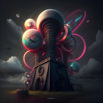 Nicola Tesla Tower Modern Art "My AI G&eacute;n&eacute;rative Exploration of Electricity, Light, and Illusion in Modern Art: intricate metalwork spirals, shimmering arcs of electricity that snake up the structure
