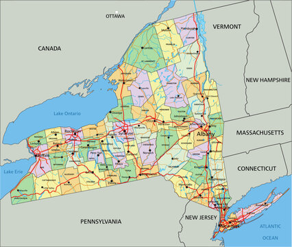 New York - Highly detailed editable political map with labeling.