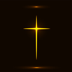 Golden Christian cross symbol over black background. Glowing fire cross icon illustration