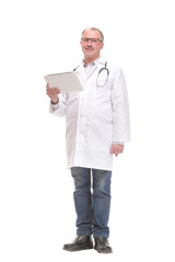 Front view of smiling doctor with tablet computer. Isolated over white background