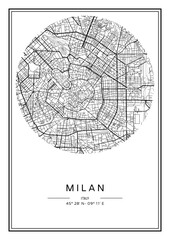 Black and white printable Milan city map, poster design, vector illistration.