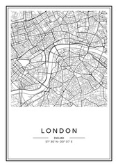 Black and white printable London city map, poster design, vector illistration.