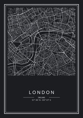 Black and white printable London city map, poster design, vector illistration.