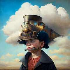 A boy with a fancy hat on his head in a historic train. A surreal portrait generated by AI. Created by artificial intelligence. Generative AI