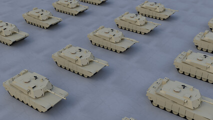 3d render many tanks lined up at the airfield