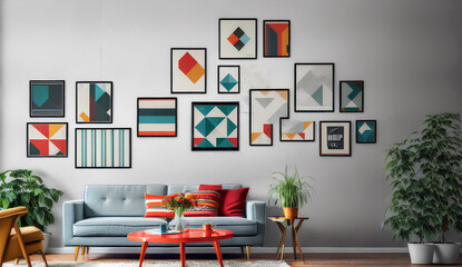 Concept art modern retro interior with grey sofa and colorful posters. Template. Generative AI