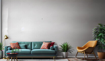 Simple contemporary living room interior with sofa, chair and plant. Empty wall with copy space and mockup. Panorama. Template. Dome decor. Generative AI