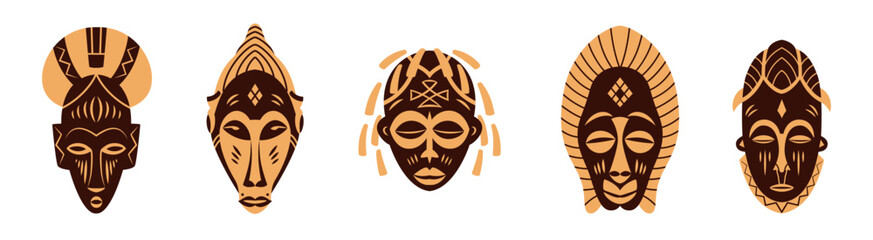 Set of African ethnic tribal ritual masks isolated on white background. Ritual symbols. Two colours. Vector illustration