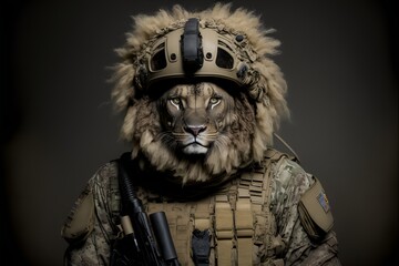 Portrait of a lion dressed in a military uniform, generative ai
