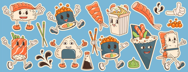 Cartoon character retro asian food 70s. Big sticker set with sushi, ramen, roll, soy sauce, wasabi, shrimp. In trendy groovy hippie retro style. Vector illustration with typography elements.