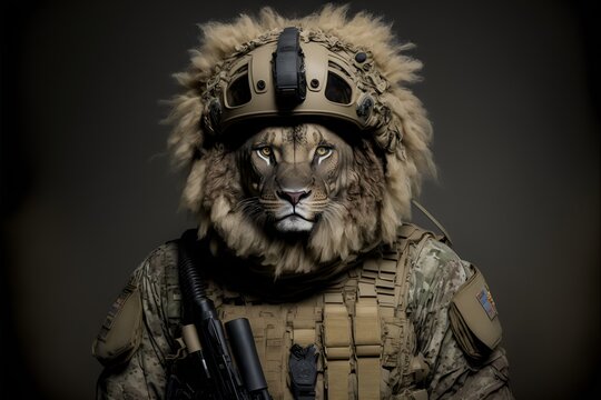 Portrait of a lion dressed in a military uniform, generative ai