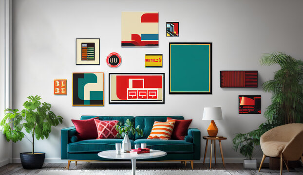 Vivid colorful living room interior with blue turquoise sofa and mockup posters on white wall. Home decor, concept art template. Generative AI