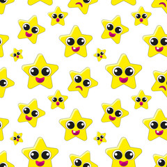 Stars vector seamless pattern. Cute baby fabric print. yellow elements. Star with eyes. Emotions. Stickers. Icons. Yellow stars on a white background. Art. Fantasy. Cartoon pattern.