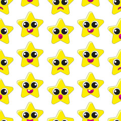 Stars vector seamless pattern. Cute baby fabric print. yellow elements. Star with eyes. Emotions. Stickers. Icons. Yellow stars on a white background. Art. Fantasy. Cartoon pattern.
