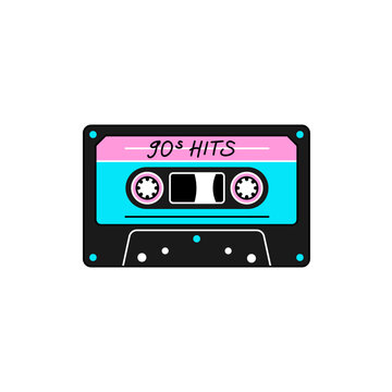 Audio cassette tape in retro 90s, y2k design style. Vector illustration in trendy neon colors, isolated on white background