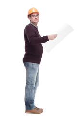 man in a protective helmet with drawings of a new project