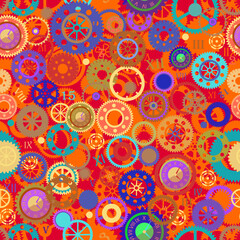 Collection of bright red cogwheels and gears seamless pattern