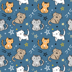 Seamless Pattern with Cartoon Cat and Star Design on Dark Blue Background