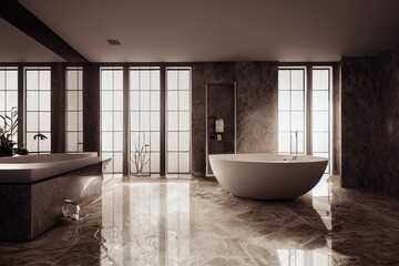 Naklejka na ściany i meble Luxury bathroom with marble. Modern interior hotel or home design with clean and elegance space. Natural lighting window. Generative AI illustration