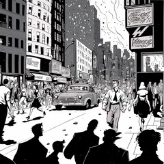 Chaotic stunning new york, illustrated, style of tin tin comics, pen and ink. vintage 90's anime style Generative AI 