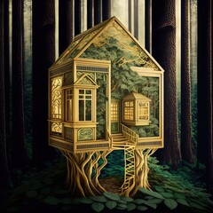 golden treehouse in lush forest, better homes and hardens magazine, big glass windows, intricate woodworking, polaroid , Generative AI 