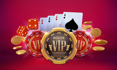 Casino gambling banner advertising an exclusive V.I.P. poker game tournament. 3D illustration featuring poker chips, four aces cards, red dices, and flying gold coins - obrazy, fototapety, plakaty