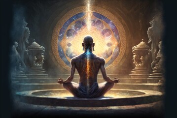 Man in meditation from behind nirvana enlightenment illustration generative ai