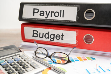 Payroll, Budget. Binder data finance report business with graph analysis in office.