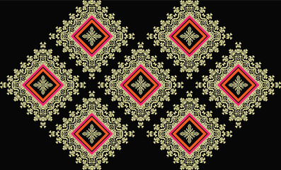 Floral cross stitch embroidery on navy blue background.geometric ethnic oriental seamless pattern traditional.Aztec style abstract vector.design for texture,fabric,clothing,wrapping,decoration,carpet.