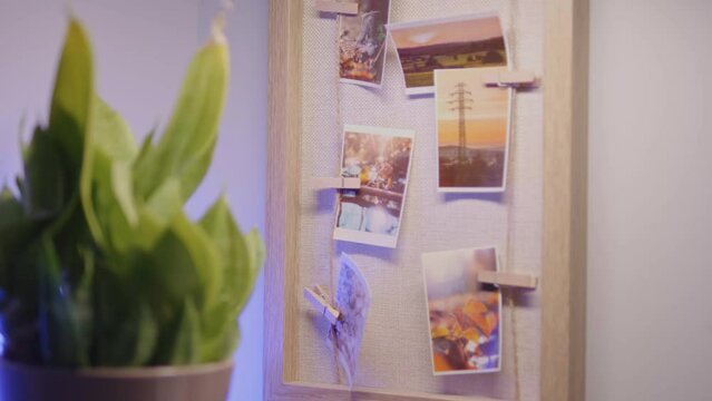 Instant photos hung on clips in the picture frame next to the plant. Small prints from portable photo printer on the wall at home. Home decoration concept.