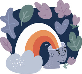 Naklejka premium Cartoon vector illustration of Rainbow inside human head.