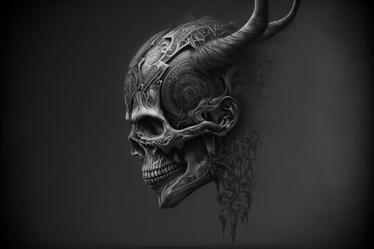 Vintage monochrome Skull tattoo concept, human skull with black and white background